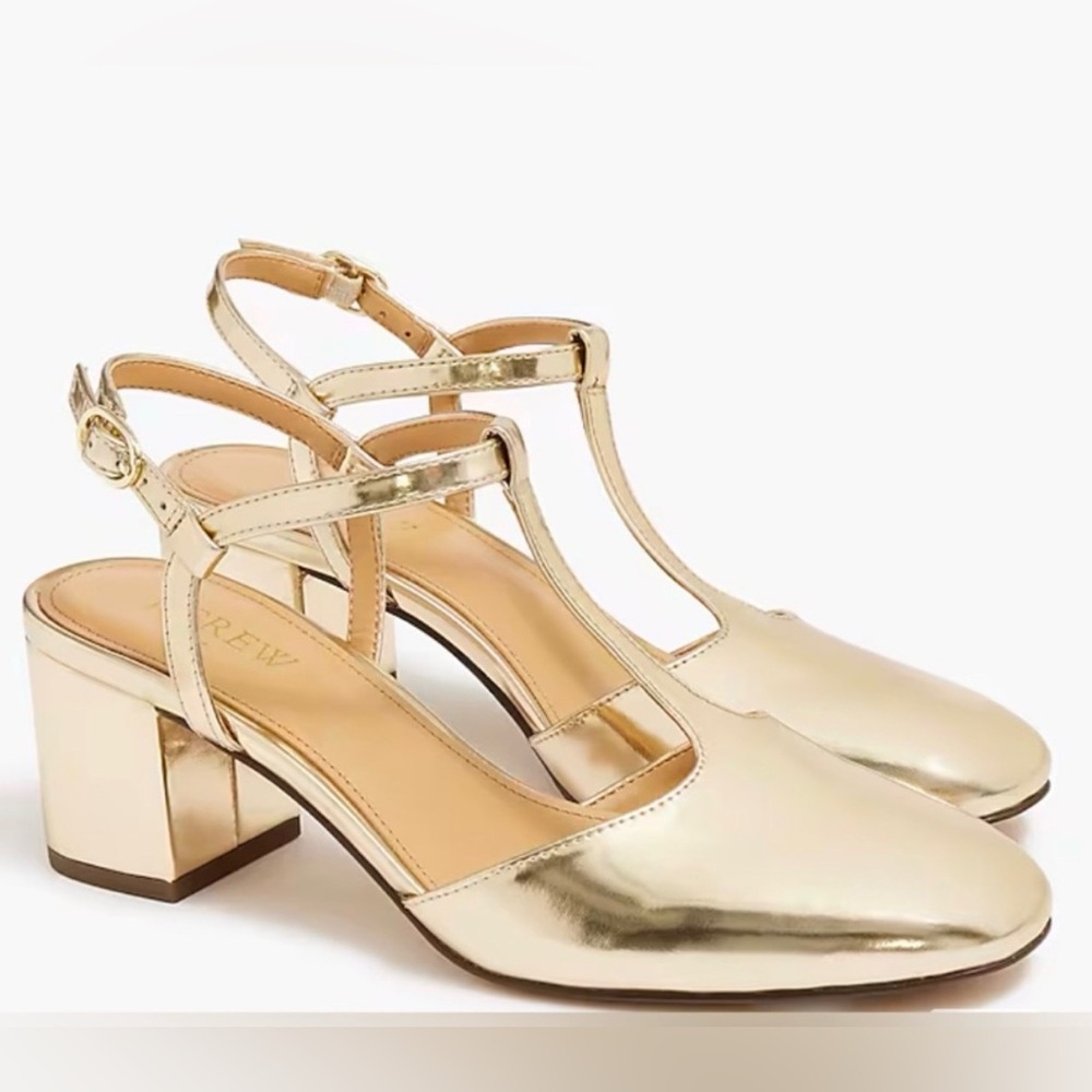 J. Crew Gold T-Strap Block Heel Sandals